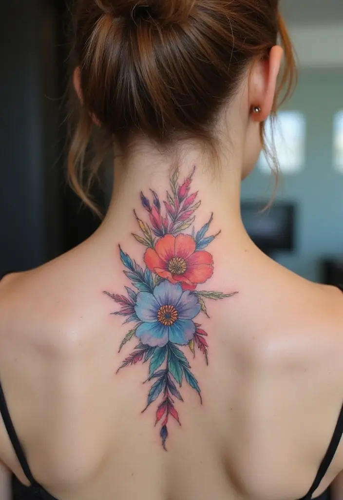 27 Stunning Spine Tattoos for Women to Inspire Your Next Ink - 9. Colorful Watercolor Blooms