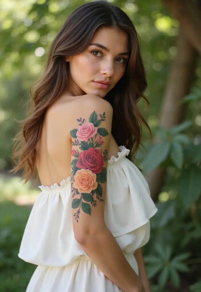 27 Stylish Elbow Tattoos for Women: Bold & Creative - 1. Elegant Rose Bouquets