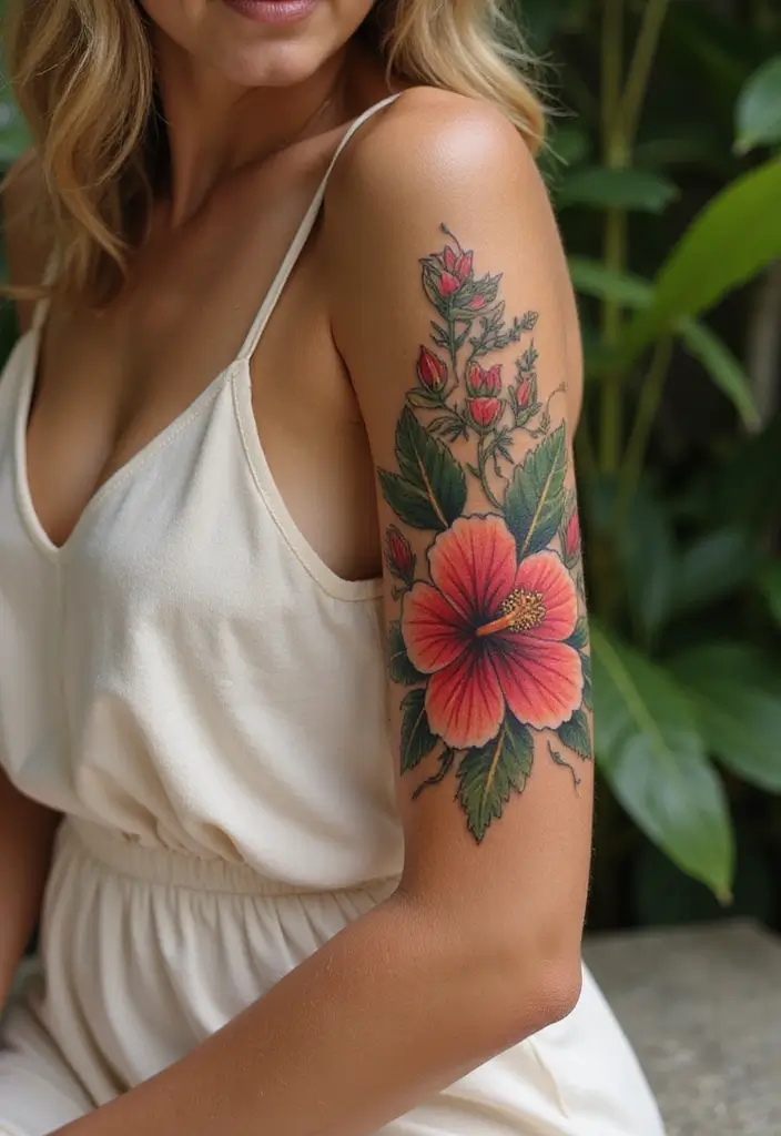 27 Stylish Elbow Tattoos for Women: Bold & Creative - 11. Stunning Hibiscus Flowers