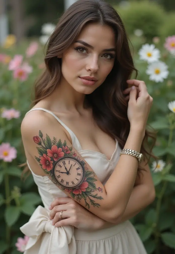 27 Stylish Elbow Tattoos for Women: Bold & Creative - 16. Floral Clock Designs