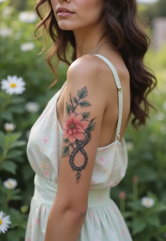 27 Stylish Elbow Tattoos for Women: Bold & Creative - 22. Floral Infinity Symbols