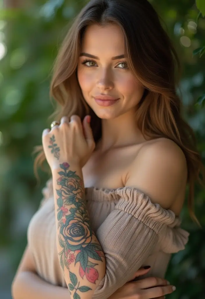 27 Stylish Elbow Tattoos for Women: Bold & Creative - 24. Layered Rose and Leaves