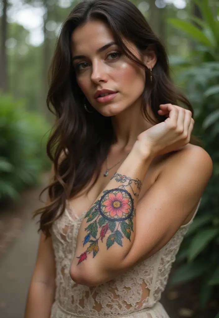 27 Stylish Elbow Tattoos for Women: Bold & Creative - 25. Nature-Inspired Dreamcatchers
