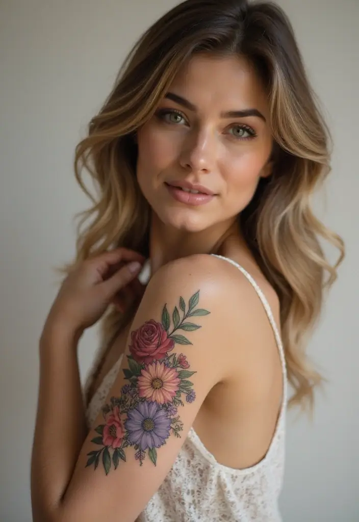 27 Stylish Elbow Tattoos for Women: Bold & Creative - 26. Thoughtful Floral Compositions