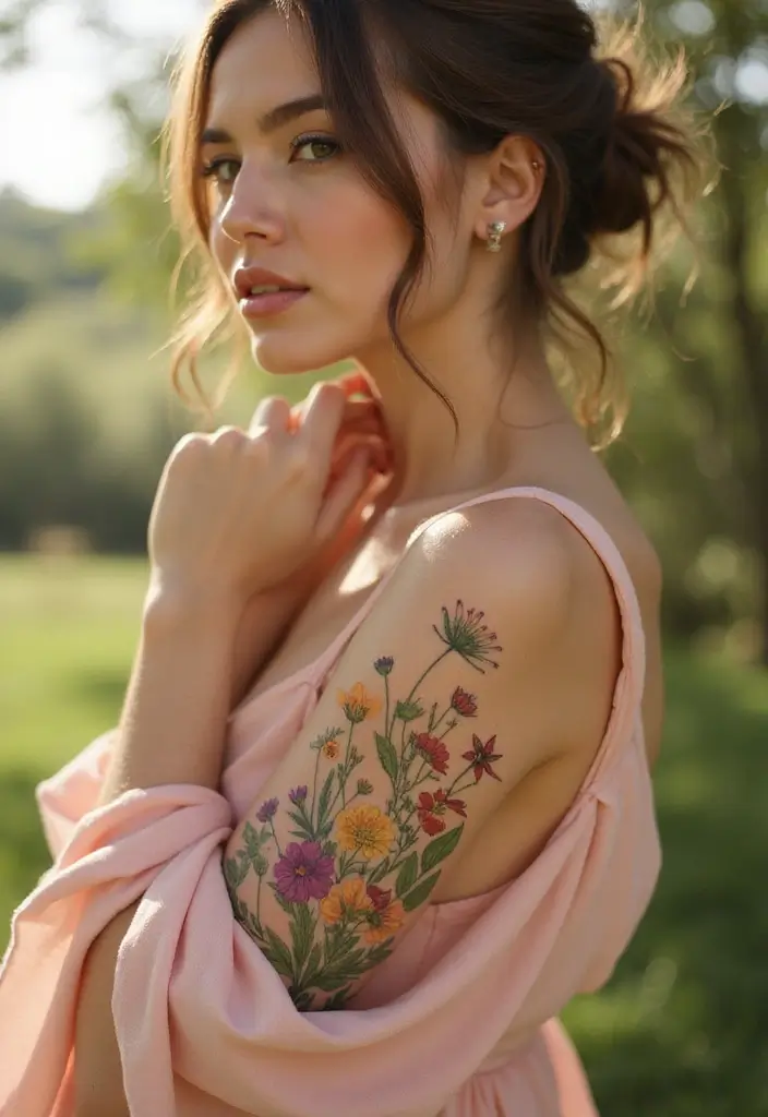 27 Stylish Elbow Tattoos for Women: Bold & Creative - 4. Dainty Wildflowers