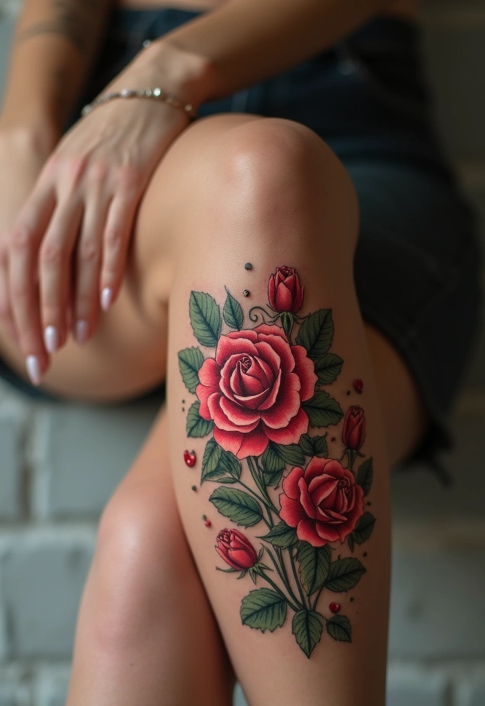 27 Stylish Knee Tattoos for Women: Creative & Trendy - 1. Blooming Roses