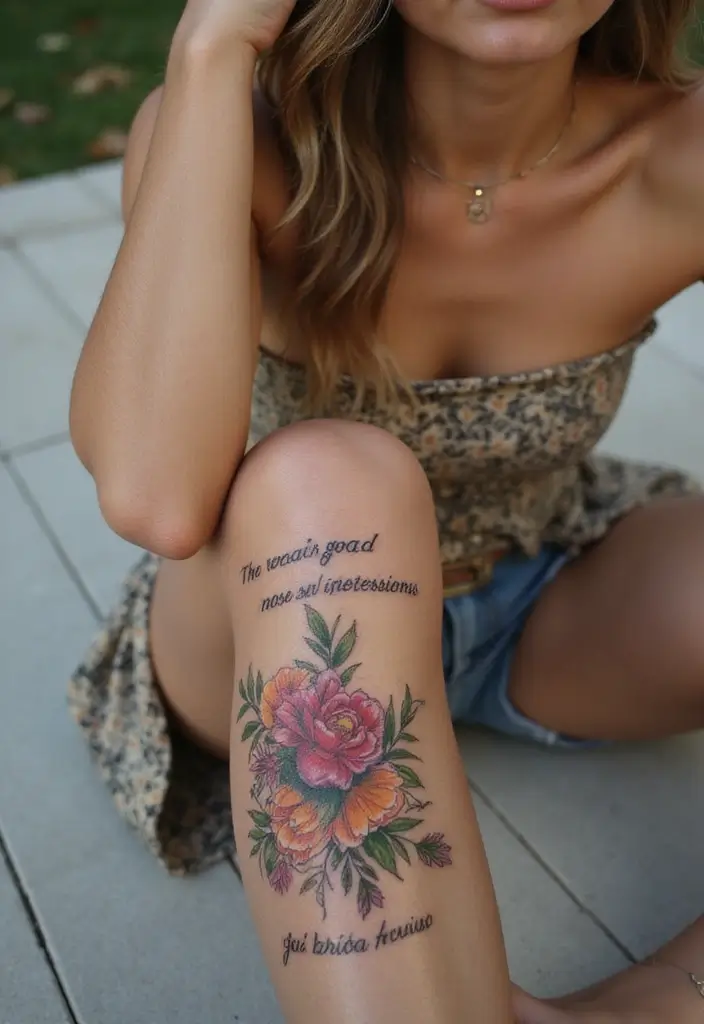 27 Stylish Knee Tattoos for Women: Creative & Trendy - 15. Floral Quotes