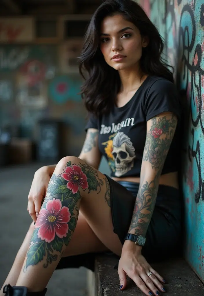 27 Stylish Knee Tattoos for Women: Creative & Trendy - 22. Punk Floral