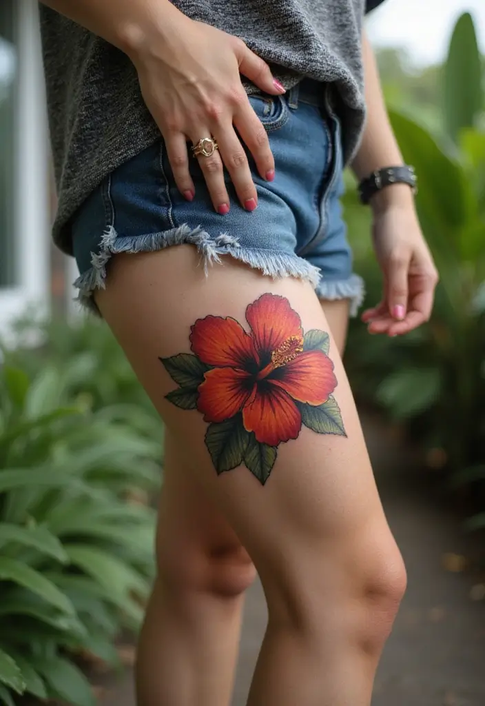 27 Stylish Knee Tattoos for Women: Creative & Trendy - 4. Fierce Hibiscus