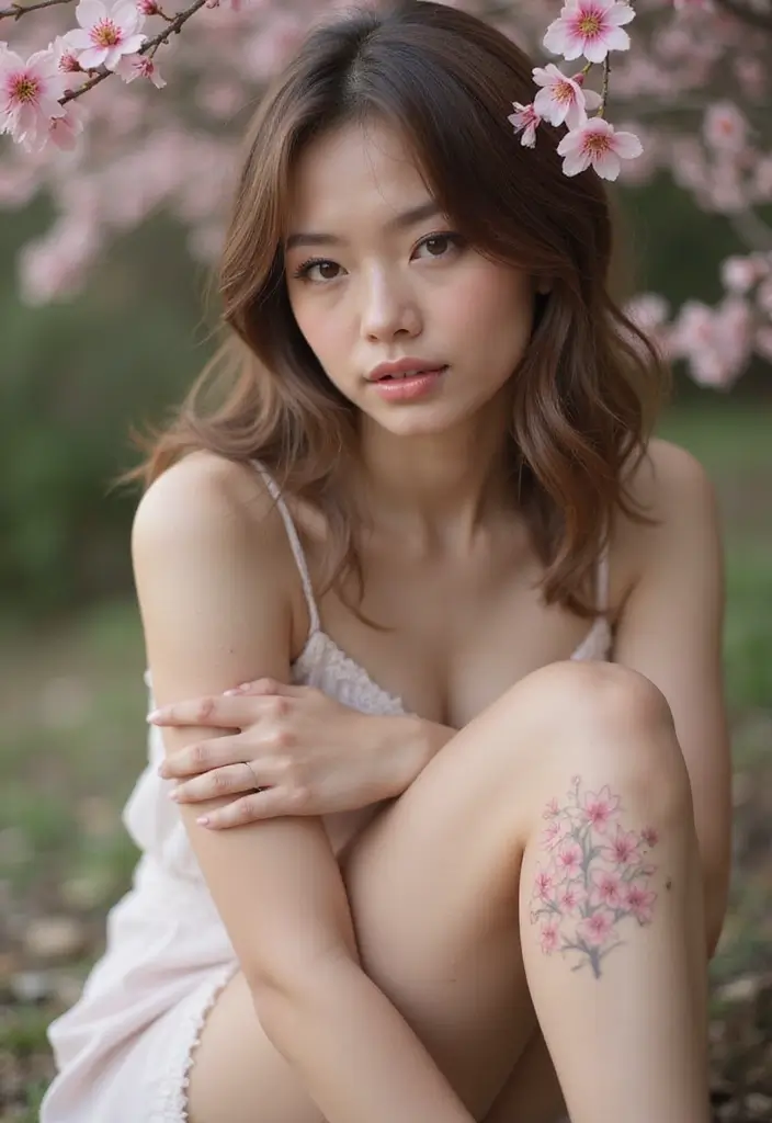 27 Stylish Knee Tattoos for Women: Creative & Trendy - 5. Dainty Cherry Blossoms