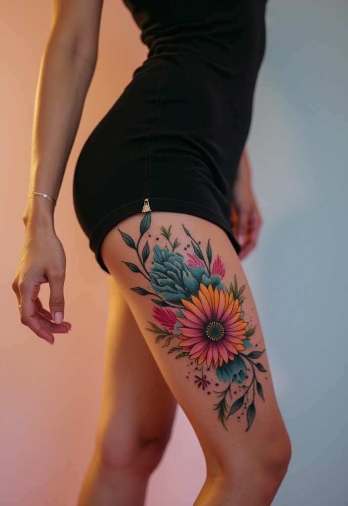 27 Unique Thigh Tattoos for Women: Stand Out with Style - 12. Abstract Floral Art