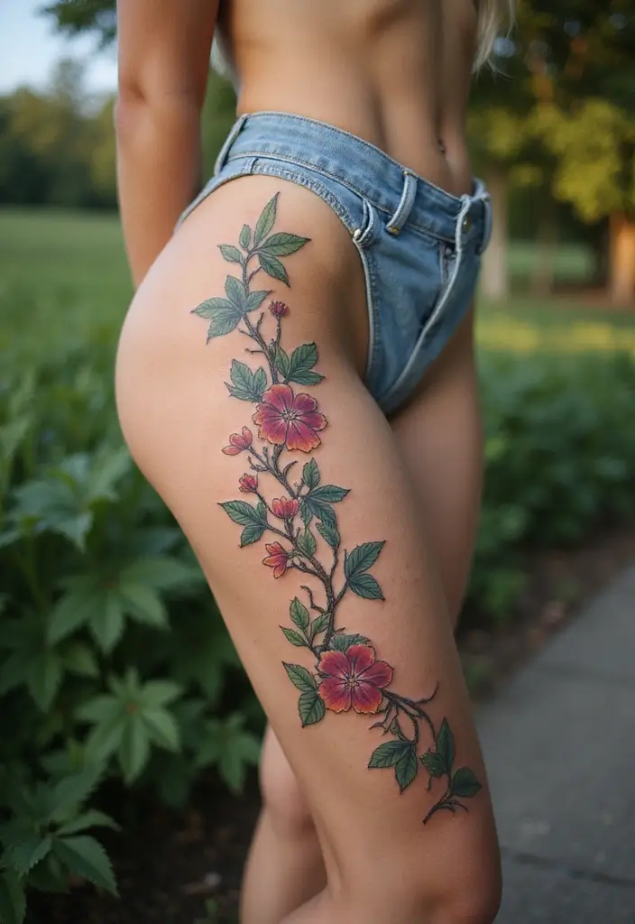 27 Unique Thigh Tattoos for Women: Stand Out with Style - 13. Ivy and Flowers