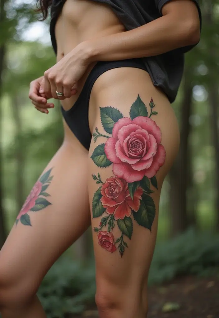 27 Unique Thigh Tattoos for Women: Stand Out with Style - 17. Watercolor Roses