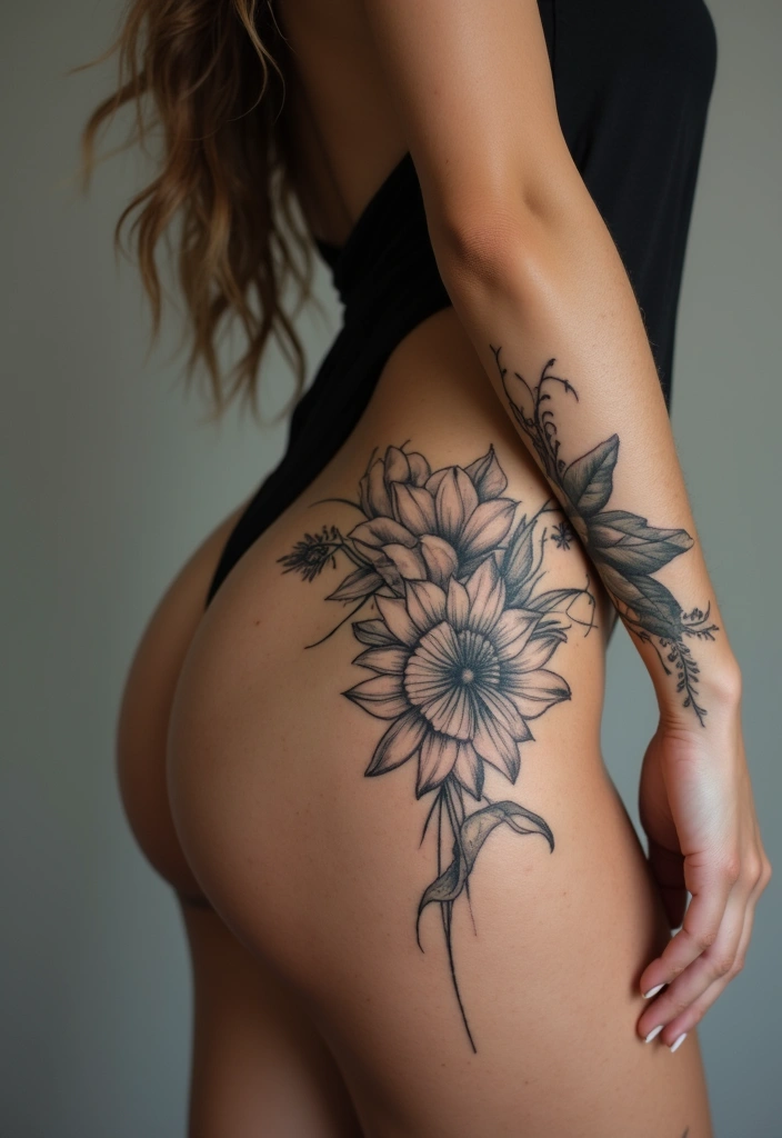 27 Unique Thigh Tattoos for Women: Stand Out with Style - 20. Monochrome Floral