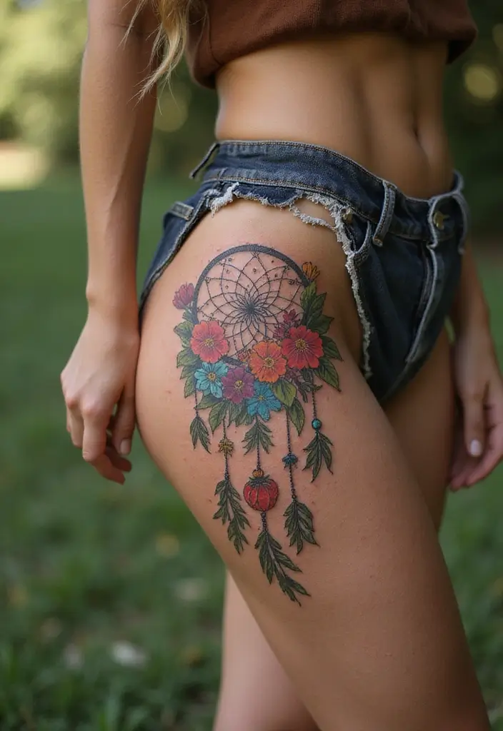 27 Unique Thigh Tattoos for Women: Stand Out with Style - 21. Floral Dreamcatcher