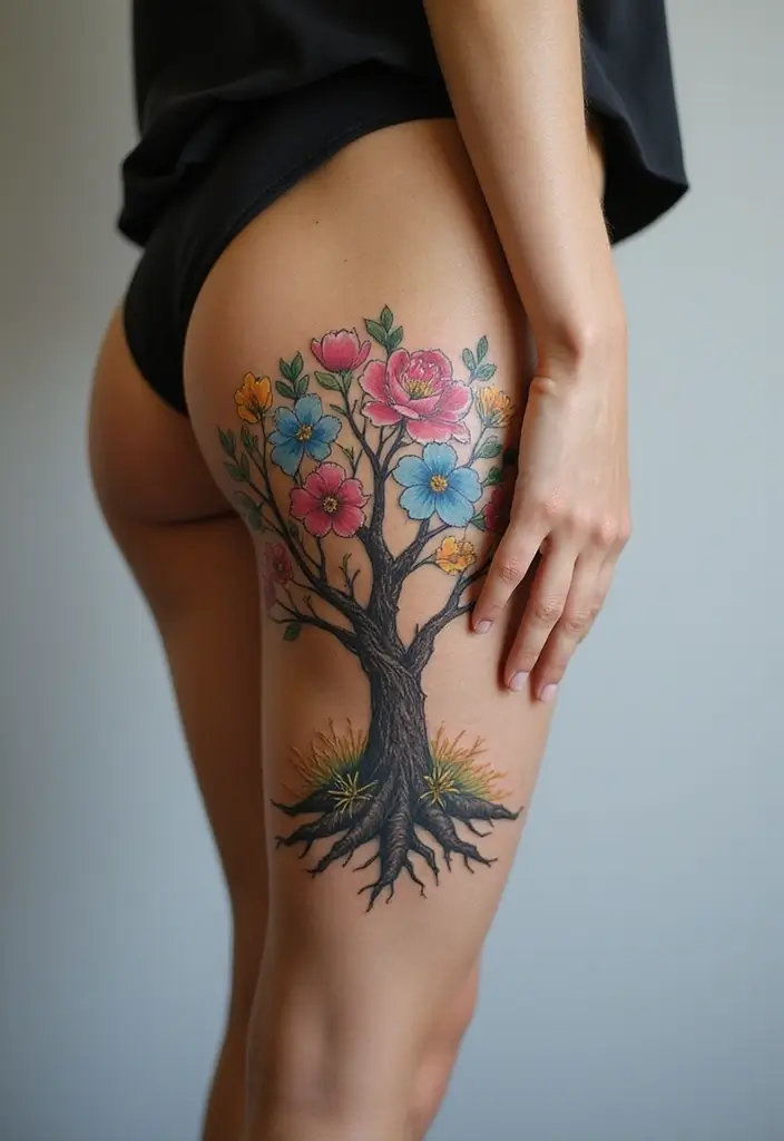 27 Unique Thigh Tattoos for Women: Stand Out with Style - 23. Floral Tree of Life