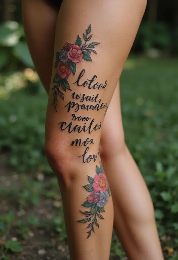 27 Unique Thigh Tattoos for Women: Stand Out with Style - 24. Floral Quote