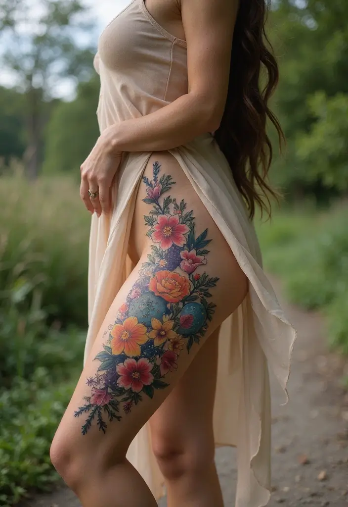 27 Unique Thigh Tattoos for Women: Stand Out with Style - 26. Floral Universe