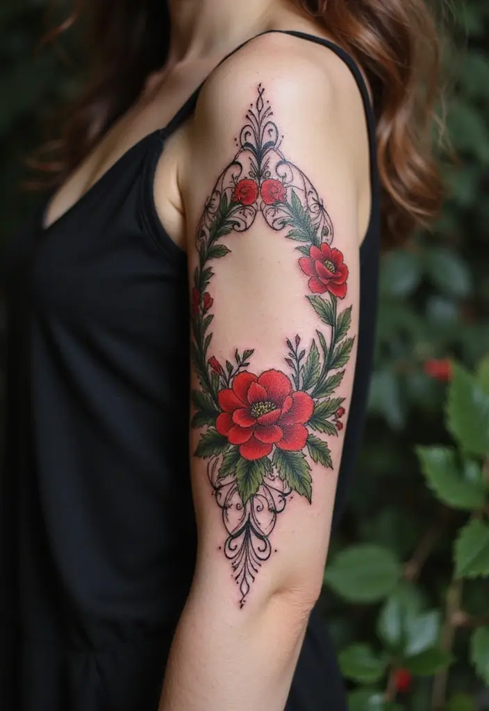 27 Vibrant Red Tattoos for Women: Passionate & Unique - 11. Whimsical Floral Wreaths