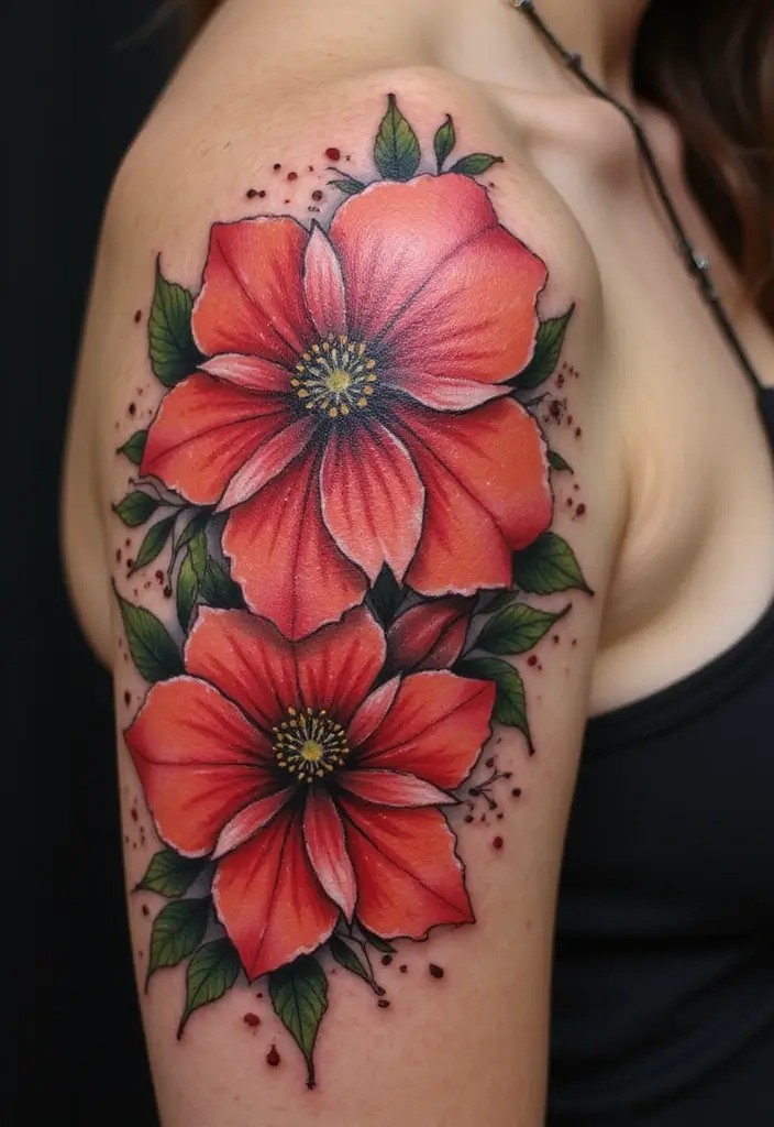 27 Vibrant Red Tattoos for Women: Passionate & Unique - 12. Vibrant Floral Ink Splashes