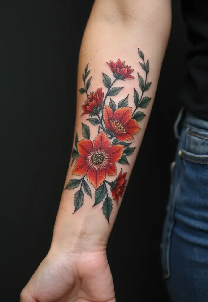 27 Vibrant Red Tattoos for Women: Passionate & Unique - 13. Eclectic Flower Garlands