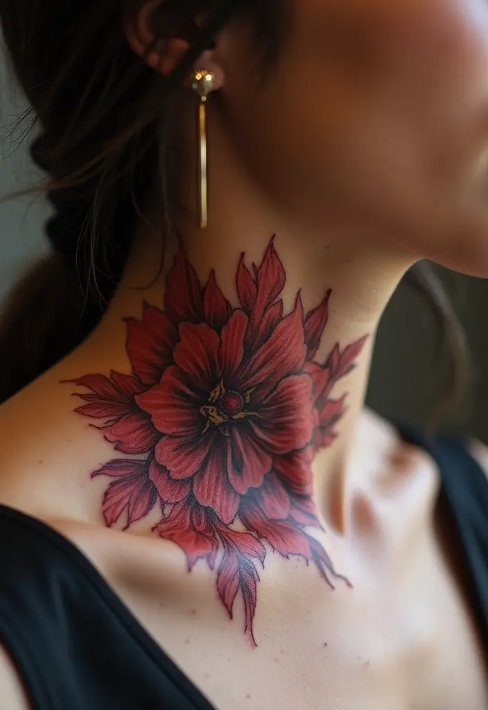 27 Vibrant Red Tattoos for Women: Passionate & Unique - 15. Majestic Floral Neck Tattoos