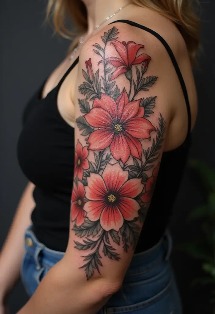27 Vibrant Red Tattoos for Women: Passionate & Unique - 17. Floral Tattoo Sleeves