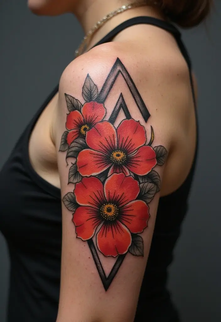 27 Vibrant Red Tattoos for Women: Passionate & Unique - 19. Floral Geometric Fusion