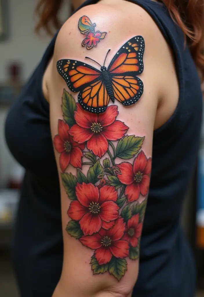 27 Vibrant Red Tattoos for Women: Passionate & Unique - 21. Flower and Animal Pairings
