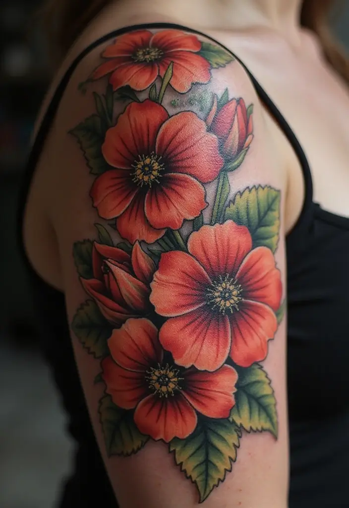 27 Vibrant Red Tattoos for Women: Passionate & Unique - 23. Vintage Floral Styles