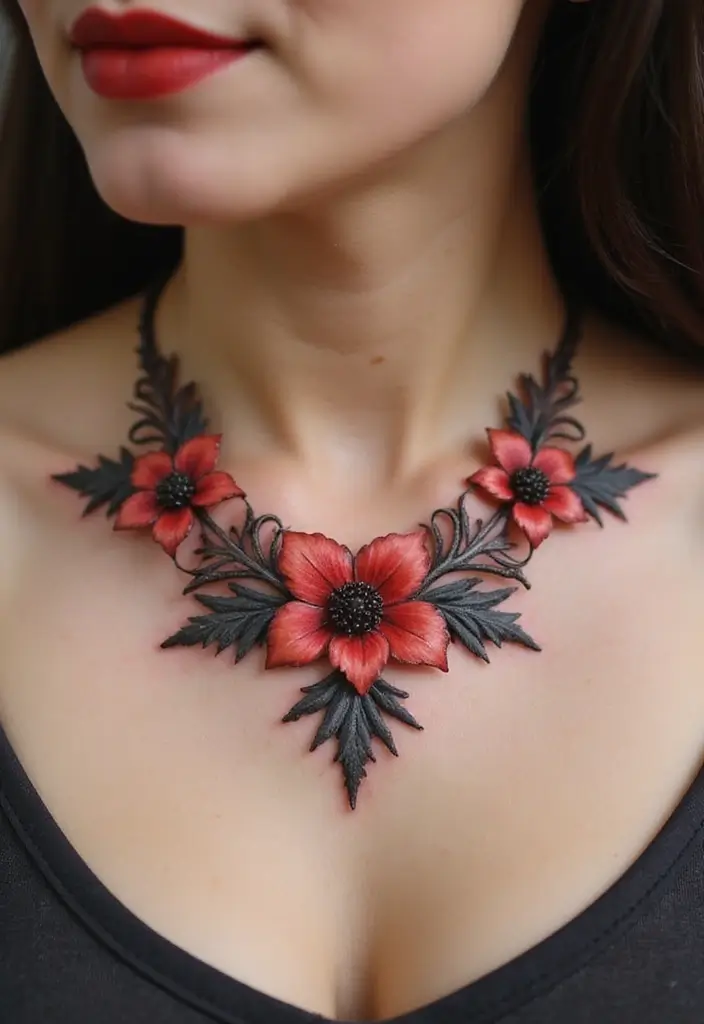 27 Vibrant Red Tattoos for Women: Passionate & Unique - 24. Floral Necklaces and Tattoos