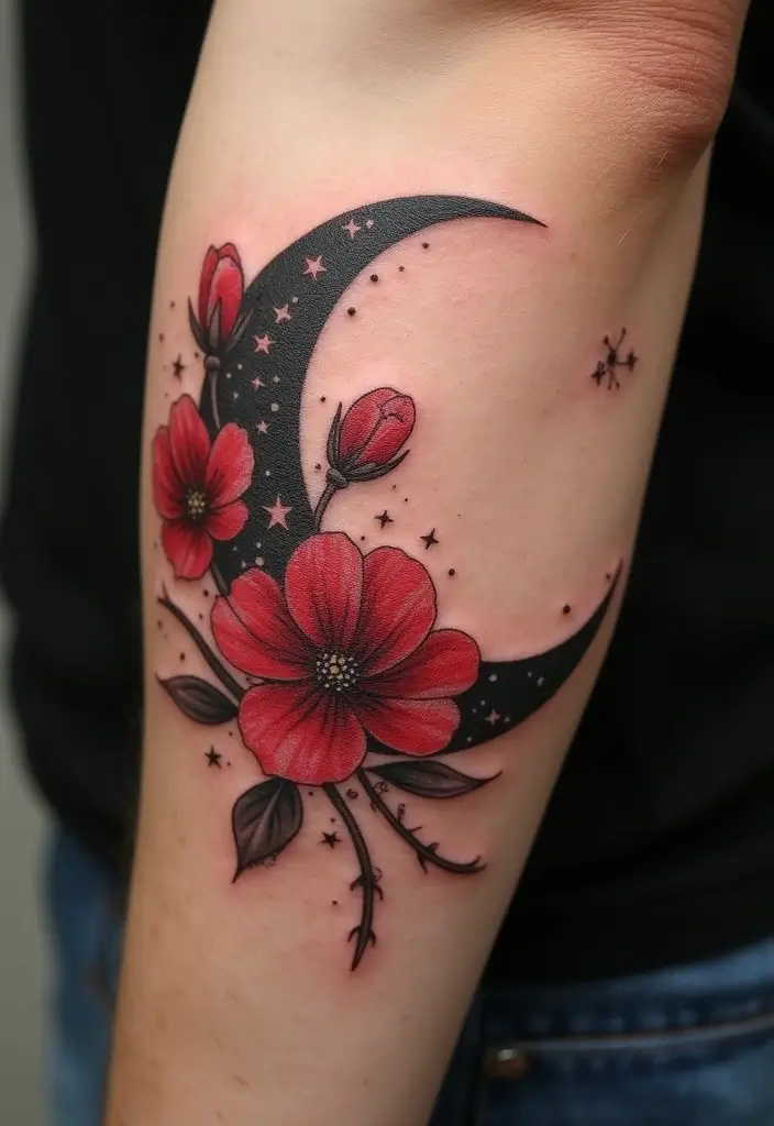 27 Vibrant Red Tattoos for Women: Passionate & Unique - 25. Floral Half-Moon Tattoos