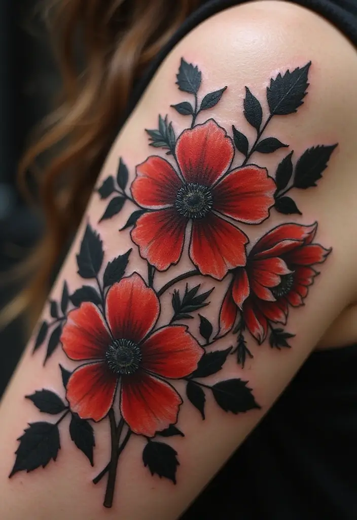 27 Vibrant Red Tattoos for Women: Passionate & Unique - 26. Floral Dreams in Black and Red