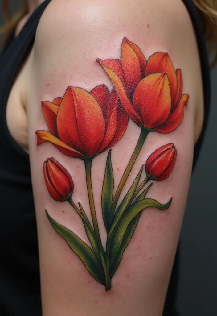 27 Vibrant Red Tattoos for Women: Passionate & Unique - 7. Vibrant Tulips