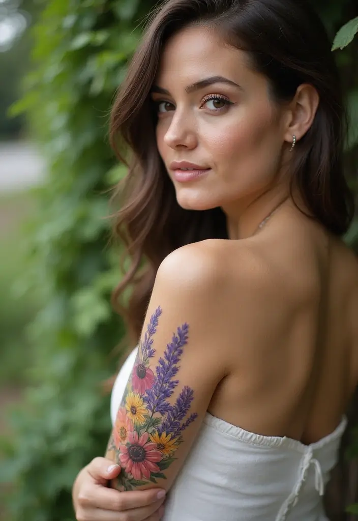 28 Classy Tattoos for Women Over 40: Sophisticated & Empowering - 14. Enchanting Wildflower Bouquet