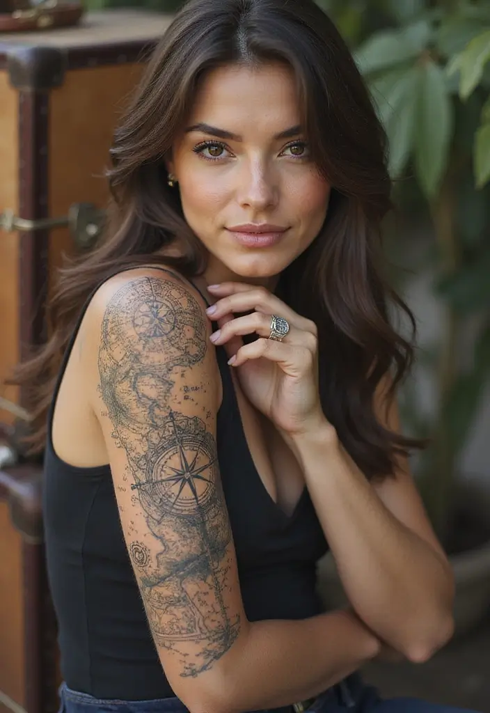 28 Creative Arm Sleeve Tattoos for Women: From Floral to Tribal - 14. Vintage Travel