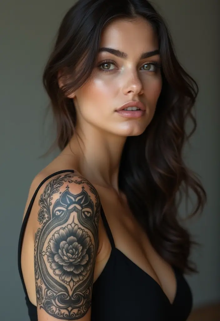 28 Creative Arm Sleeve Tattoos for Women: From Floral to Tribal - 18. Classic Black and Grey
