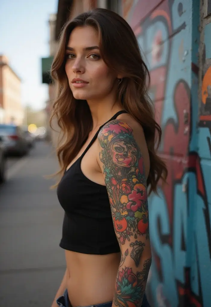 28 Creative Arm Sleeve Tattoos for Women: From Floral to Tribal - 21. Colorful Graffiti Style