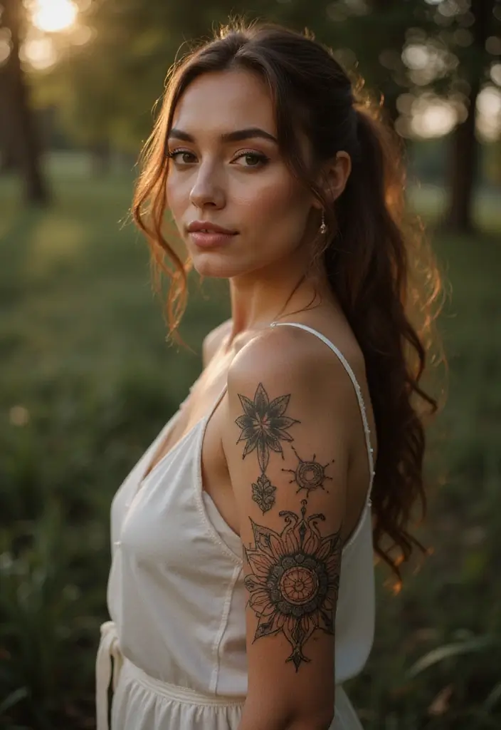 28 Creative Arm Sleeve Tattoos for Women: From Floral to Tribal - 22. Spiritual Symbols