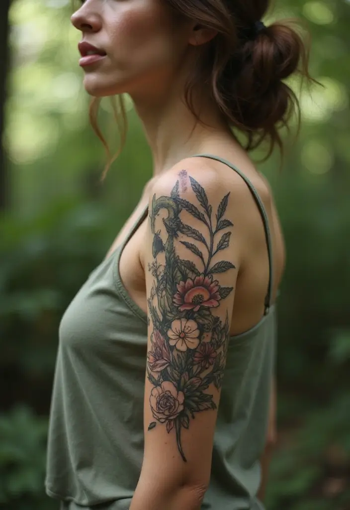 28 Creative Arm Sleeve Tattoos for Women: From Floral to Tribal - 27. Eco-Conscious Designs