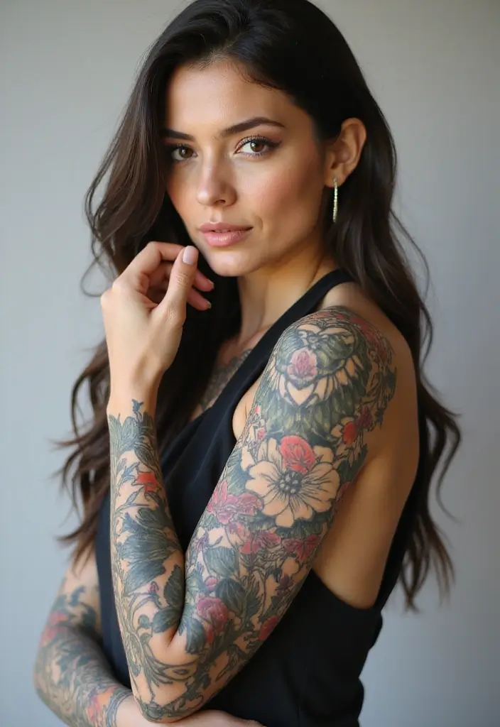 28 Creative Arm Sleeve Tattoos for Women: From Floral to Tribal - 28. Layered Designs