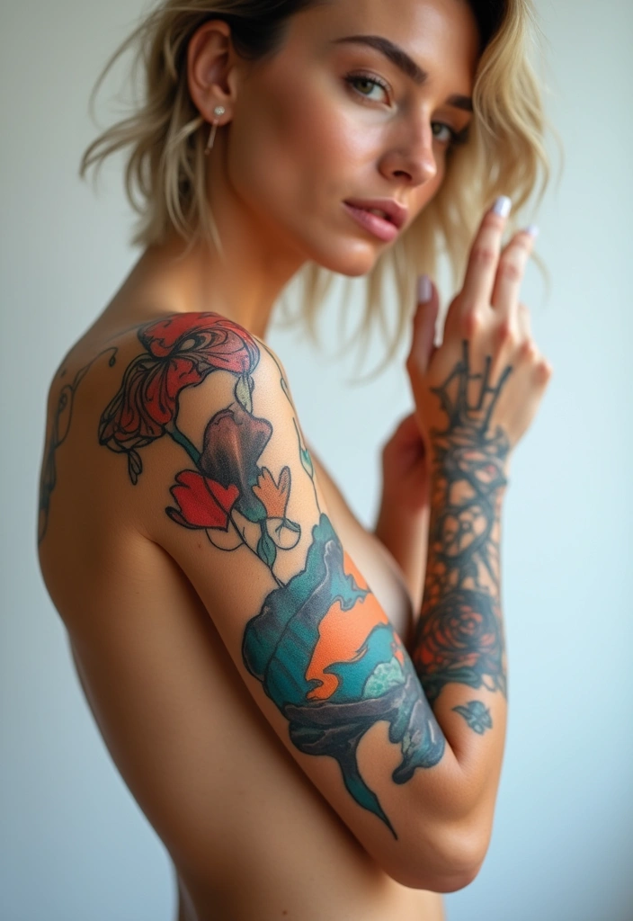28 Creative Arm Sleeve Tattoos for Women: From Floral to Tribal - 5. Abstract Artistry