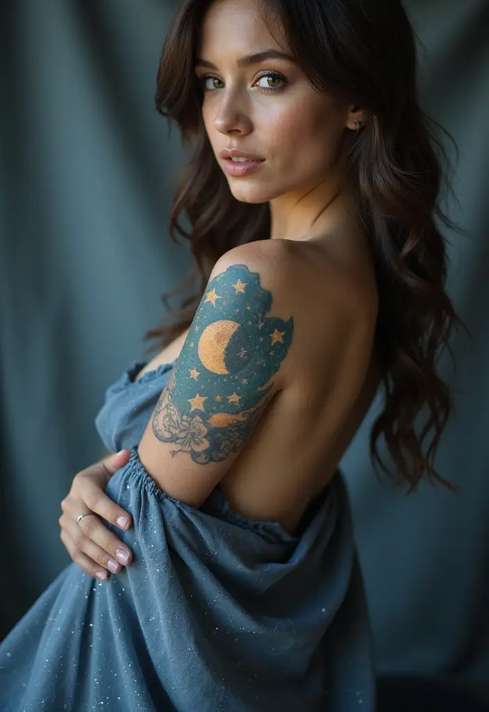 28 Creative Arm Sleeve Tattoos for Women: From Floral to Tribal - 7. Celestial Elements