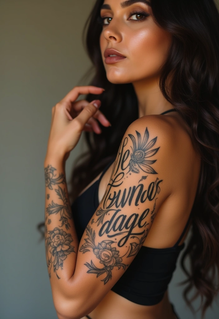28 Creative Arm Sleeve Tattoos for Women: From Floral to Tribal - 9. Script and Quotes