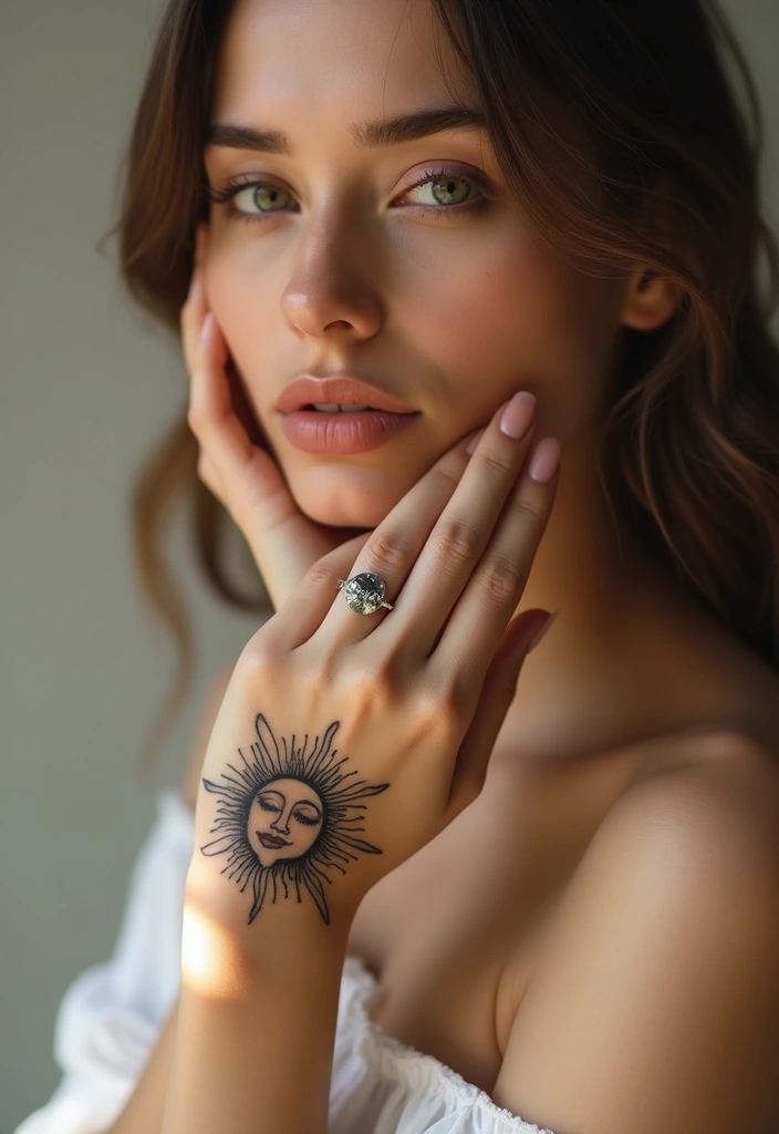 28 Elegant Hand Tattoos for Women: Delicate & Meaningful Ink - 10. Sun and Moon