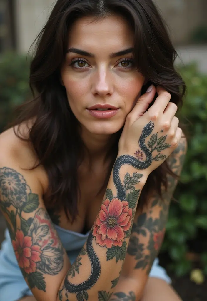 28 Elegant Hand Tattoos for Women: Delicate & Meaningful Ink - 17. Snake with Flowers