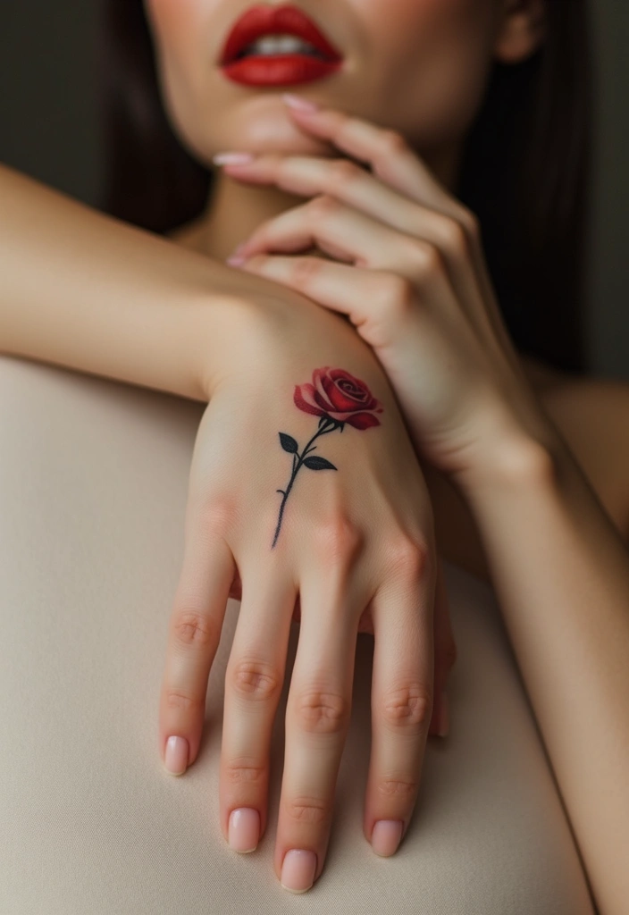 28 Elegant Hand Tattoos for Women: Delicate & Meaningful Ink - 2. Single Stem Rose