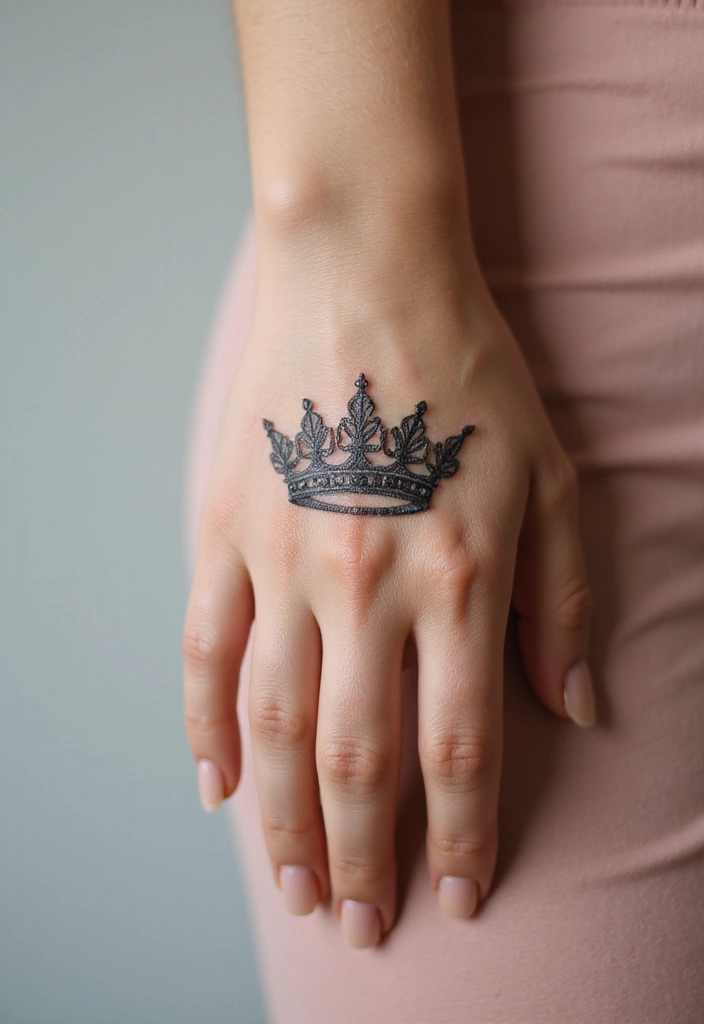 28 Elegant Hand Tattoos for Women: Delicate & Meaningful Ink - 27. Elegant Crown