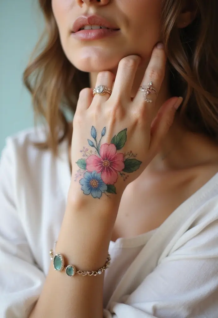 28 Elegant Hand Tattoos for Women: Delicate & Meaningful Ink - 28. Watercolor Flower