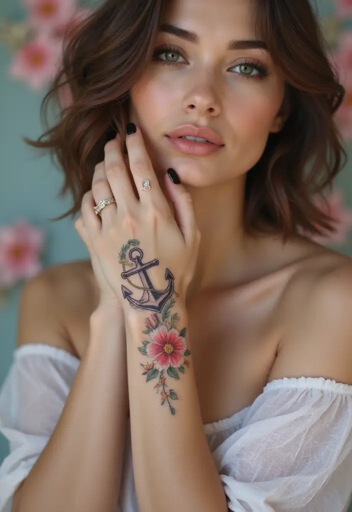 28 Elegant Hand Tattoos for Women: Delicate & Meaningful Ink - 8. Anchor with Floral Elements